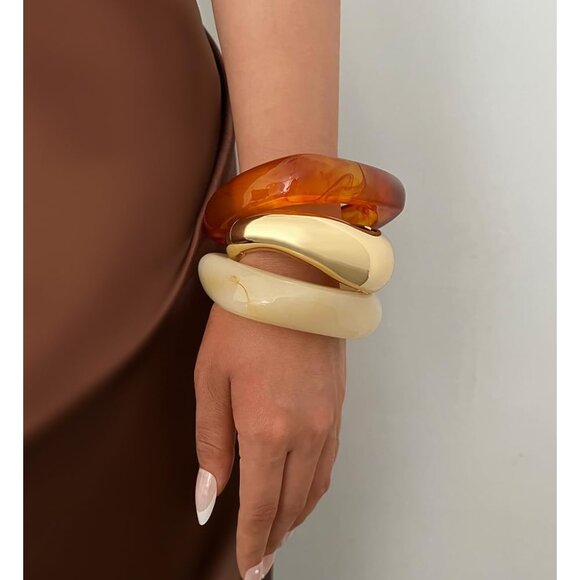 Chunky Gold Bangle Bracelets for Women, Dainty 14k Gold Plated Big Stackable Ban - Picture 2 of 9